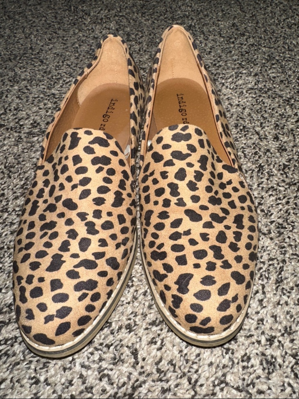 Indigo Leopard Print Slip-On Flats in Tan and Black